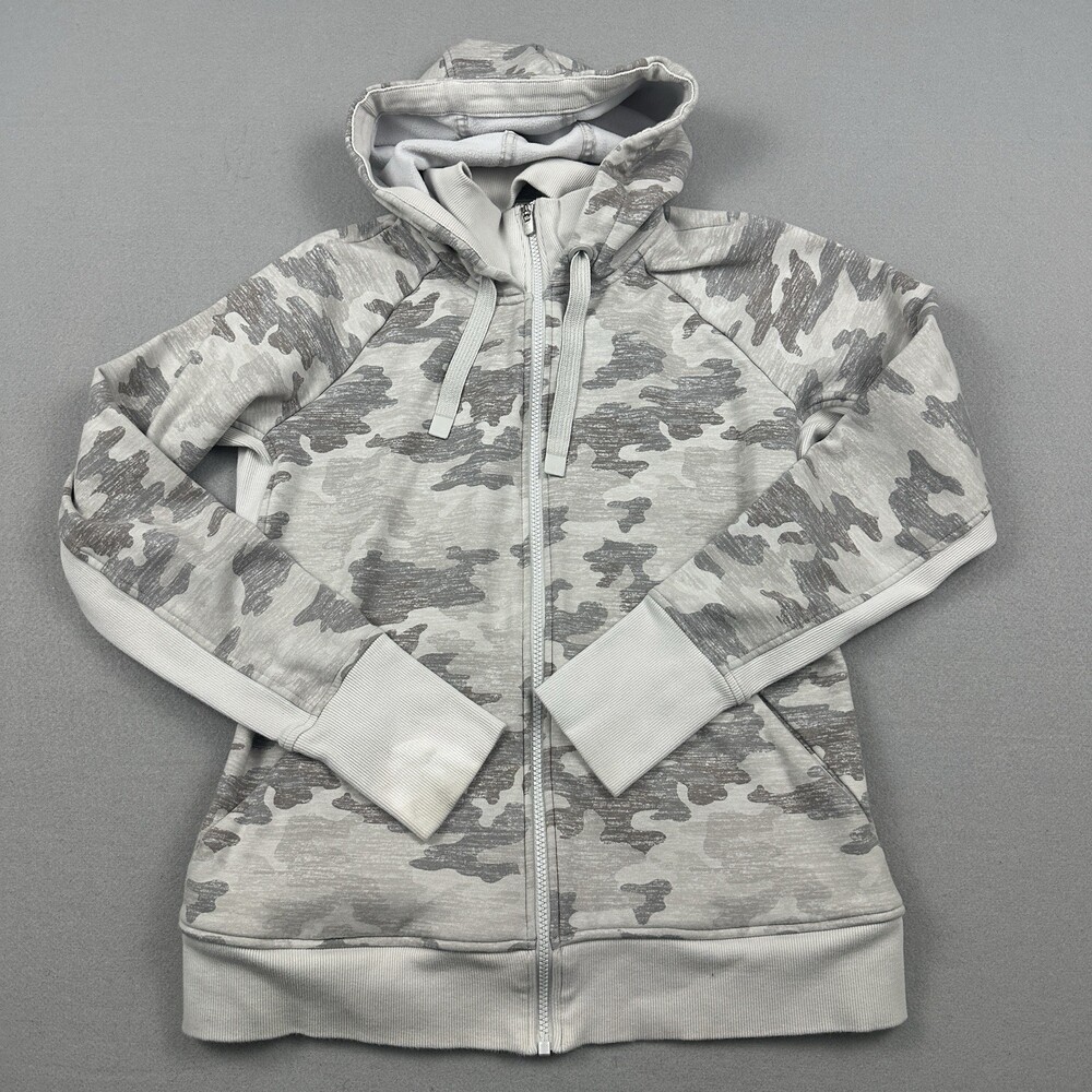 Athleta Jacket Women Large Gray Camo Full Zip Pocket Performance Hoodie L *